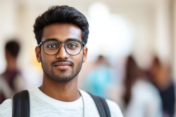 Obraz premium Young man with glasses smiling confidently in a busy university hallway during daytime