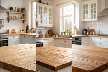 Three different views of a kitchen countertop. The first view shows a wooden countertop with a few items on it, such as a bottle and a cup. The second view shows a clean