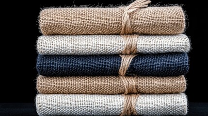 Stacked linen fabrics, tied with twine, on black background