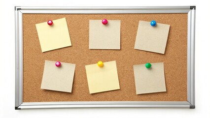 A cork bulletin board with six blank sticky notes pinned with colorful push pins, ideal for planning, organizing, and office or school use.  

