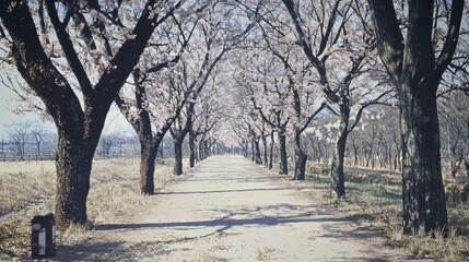 Serene Pathway Flanked by Blossom Trees Under Clear Blue Sky in Tranquil Nature Setting During Spring Season