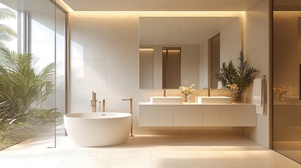 A spacious modern bathroom featuring light blur, beige, and white tiles, complemented by elegant brass faucets. A sleek double vanity with two sinks enhances functionality.