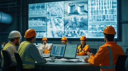 A group of nuclear power plant workers in a meeting, discussing emergency response procedures