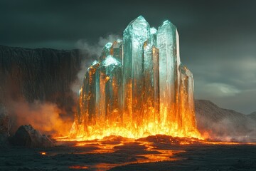 Enormous crystal spires engulfed in fiery lava, a surreal and dramatic volcanic landscape.
