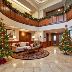 Festively decorated hotel lobby with Christmas tree, holiday warmth