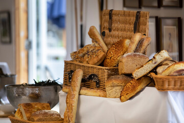 Bread basket at a wedding, a selection of different loaves