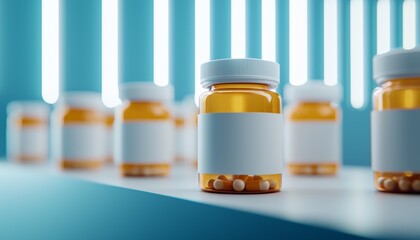 A futuristic medicine manufacturing facility, illuminated with cool blue lighting, showcasing robotic precision in filling pill bottles.