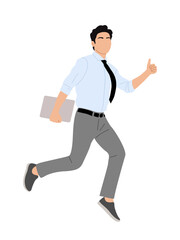 Business man character running, holding laptop and gesturing with thumb up. Excited Handsome man wearing shirt, tie showing like sign. Vector realistic illustration isolated