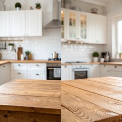 The kitchen is clean and well-organized, with a wooden countertop and white cabinets. The countertop has a wooden top and a window above it. The kitchen is well-lit and has a warm, inviting atmosphere