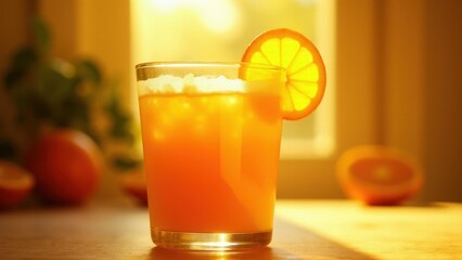 A glass of orange juice with ice cubes and a slice of orange on the rim, set against a warm, sunlit background.