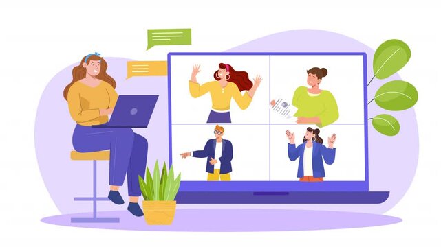 Flat vector scene animation depicting a group of people attending a video conference, interacting via screens, and discussing various topics in a virtual meeting environment.