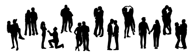Silhouettes of different couples in love, homosexual, gay couple, engagement, marriage proposal, hugging, embracing, dancing, dating. Vector illustration isolated