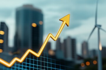 Upward Trending Gold Graph Over City and Wind Turbines