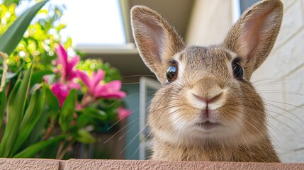 Curious rabbit peeking over fence, flowers, house background