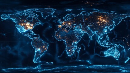 Fototapeta premium Global Smart City Network, A world map with interconnected glowing cities Illuminated world map in blue tones