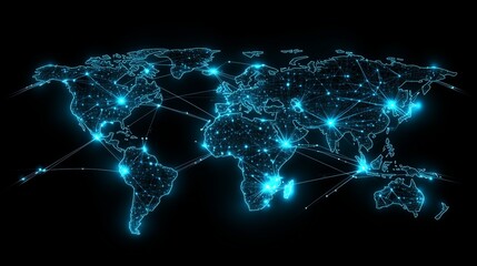Glowing world map with network connections. Global Smart City Network, A world map with interconnected glowing cities 