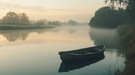 Serene dawn on misty river with rustic boat gliding on the calm water