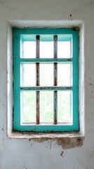 Obraz premium Weathered White Wall with Rustic Teal Window and Rusty Bars