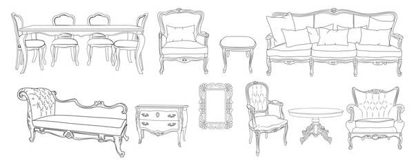 Obraz premium Collection of elegant antique furniture and home interior decorations in trendy vintage retro style. Modern hand drawn black sketch vector illustrations isolated 