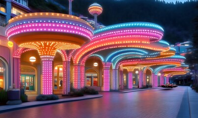 Obraz premium Vibrant Casino Entrance at Night with Colorful Led Lights