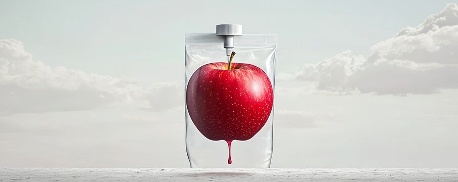 A surreal artwork depicting a giant apple inside an IV bag, its juice slowly dripping as a magical elixir of health.