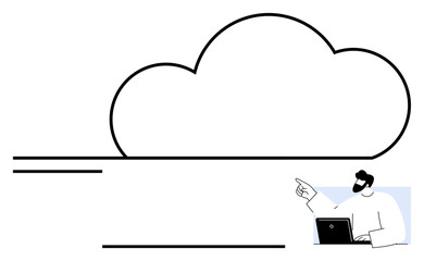 Large outlined cloud with simplified lines representing connectivity, person with laptop gestures toward link. Ideal for technology, networking, cloud storage, online collaboration, innovation