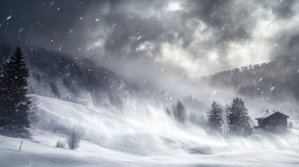 A dramatic winter storm rolling over the Swiss mountains, with dark clouds and heavy snowfall.
