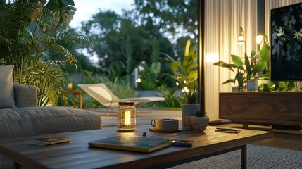 Fototapeta premium Modern living room interior featuring a couch and a coffee table with decorative elements and natural light