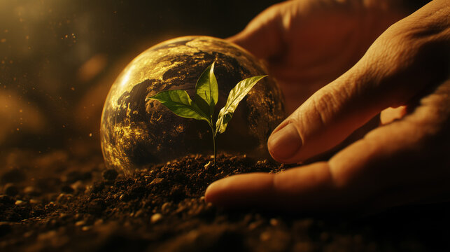 Hands planting a young seedling in rich soil, representing Earth Day, tree planting, reforestation, sustainability, environmental action, and nature conservation