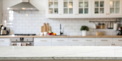 A kitchen with a white countertop and white cabinets. The countertop is a white marble slab with a few items on it