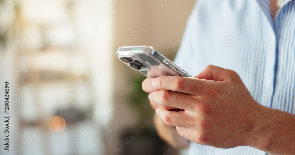 Poster home, person and hands with smartphone for chat, online communication and connection with contact. t