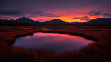 Fototapeta premium Vibrant sunset over tranquil mountain lake