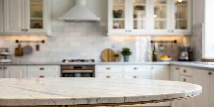 A kitchen with a white countertop and a white oven. The countertop is round and has a marble top