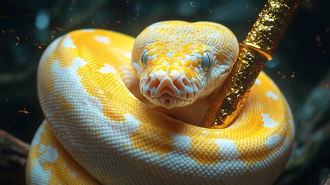 Yellow snake wrapped around a golden staff on a black background with an exotic appearance