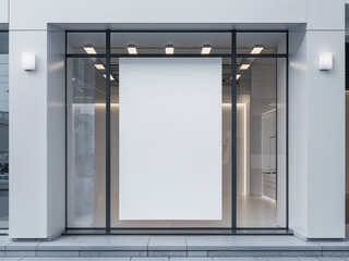 Modern office or shop building exterior with blank white mockup poster in window display for branding and advertisement