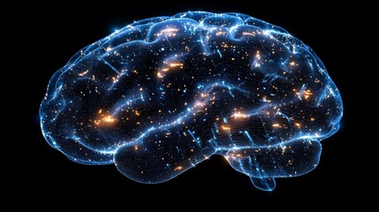 Illustration of a glowing brain representing creativity and technology in a dark environment