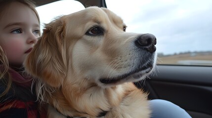 A beloved family dog a loyal and friendly canine companion resting peacefully on the lap of a young child in the comfort of a car
