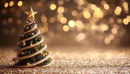Ornamental Christmas tree,  gold glitter background, festive lights