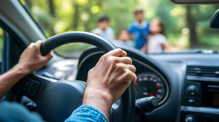 Close up shot of hands firmly gripping the steering wheel of a car with a blurred family visible in the background suggesting a road trip or family journey