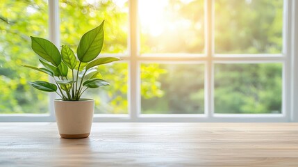 Fototapeta premium Green plant in a decorative pot placed on a wooden table with a neutral background