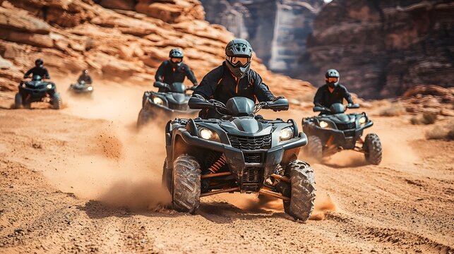 Adventurous Group of Friends Riding All Terrain Vehicles Through Dramatic Desert Terrain on an Exhilarating Outdoor Excursion