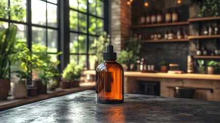 Amber bottle on rustic bar counter, plants, sunlight