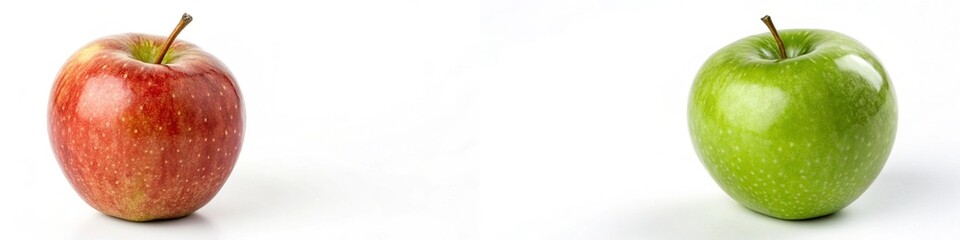 Two apples, one red and one green, are shown side by side. The red apple is larger and has a stem, while the green apple is smaller and has a stem as well. The apples are placed on a white background