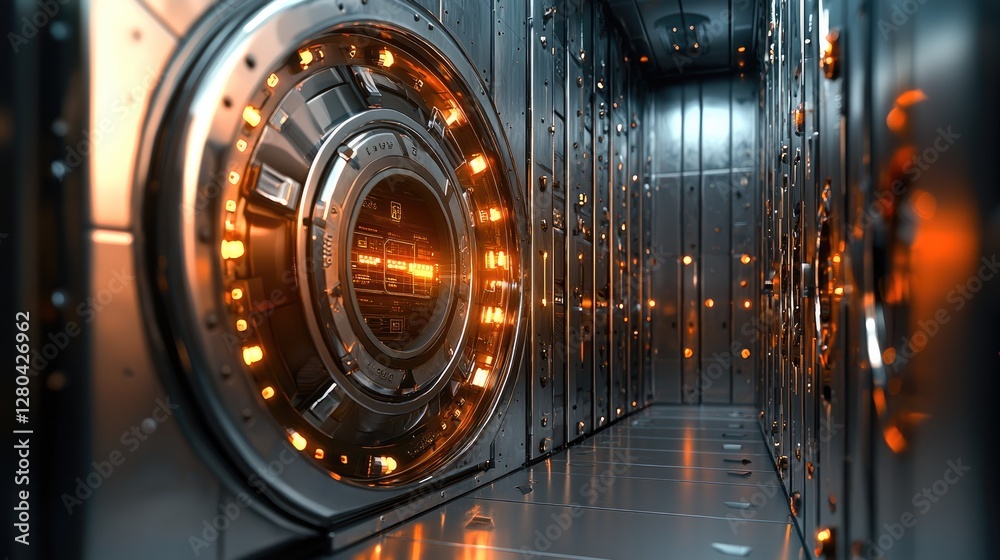 Poster futuristic high-tech vault door with advanced security features, including biometric fingerprint sca