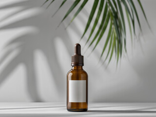 Fototapeta premium Mockup of brown glass dropper bottle on gray background with palm leaf shadow.