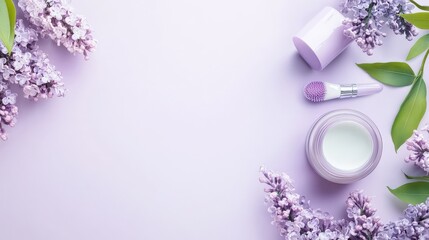 Obraz premium Lilac blossoms frame beauty cream and brush