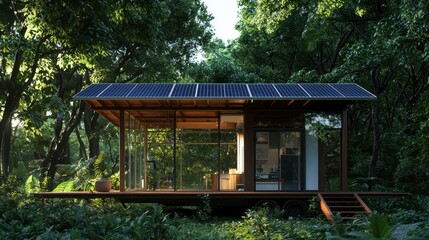 Small house nestled in a dense forest surrounded by tall trees and natural vegetation