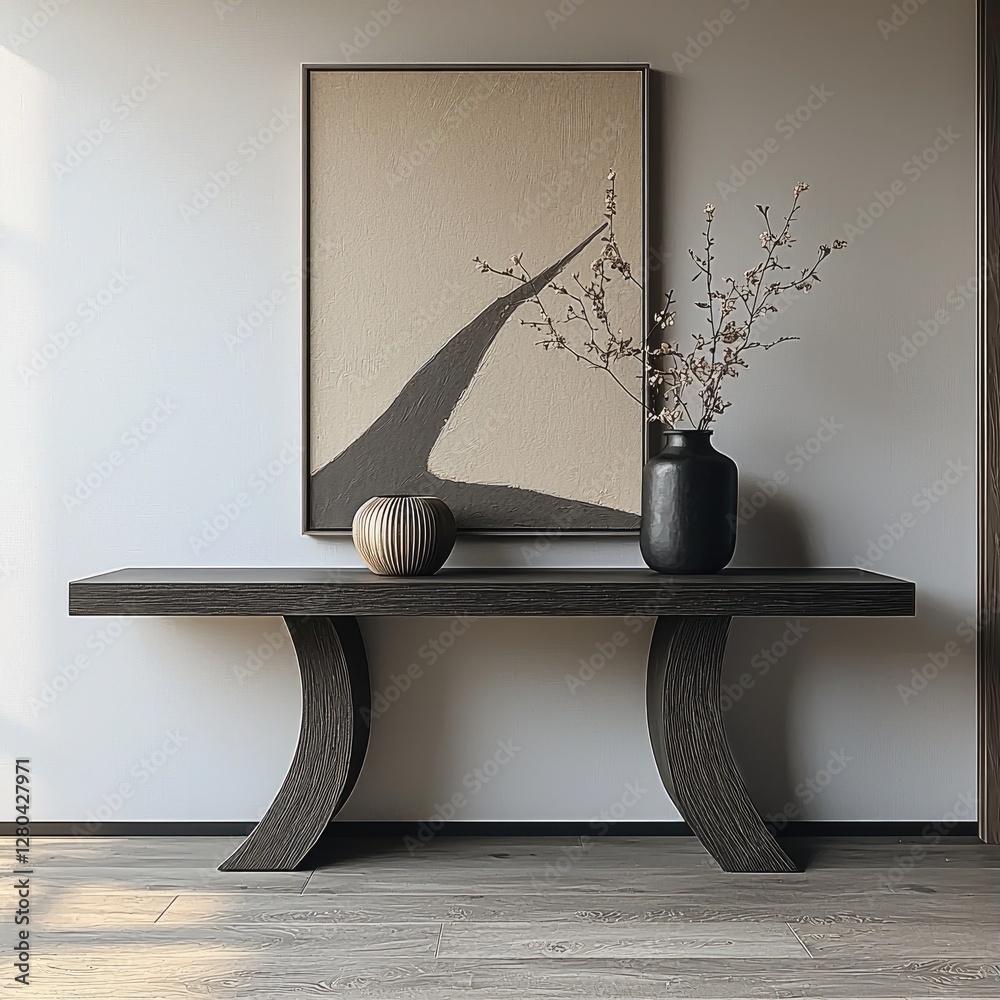 Poster a minimalist interior. in the center of the composition is a light wall with a designer console tabl