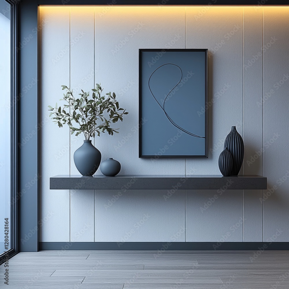 Poster a minimalist interior. in the center of the composition is a light wall with a designer console tabl