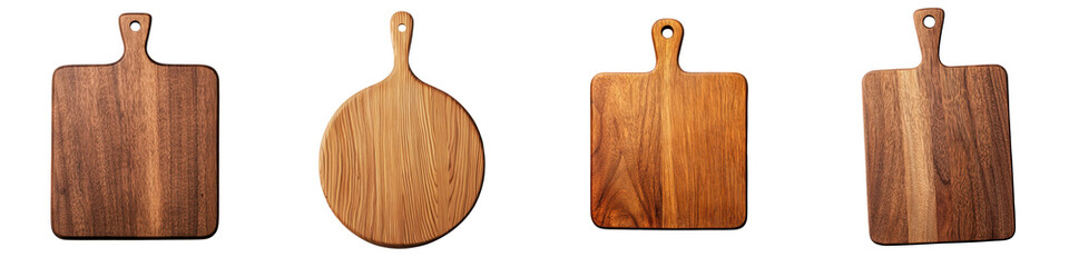Fototapeta premium Blank wooden cutting boards in a simple minimalist style displayed on a table or kitchen counter These natural organic surfaces are perfect for food serving meals in a clean rustic aesthetic